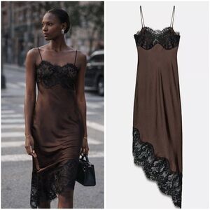 ZARA ASYMMETRIC SATIN LACE DRESS ZW COLLECTION BLACK BROWN Medium